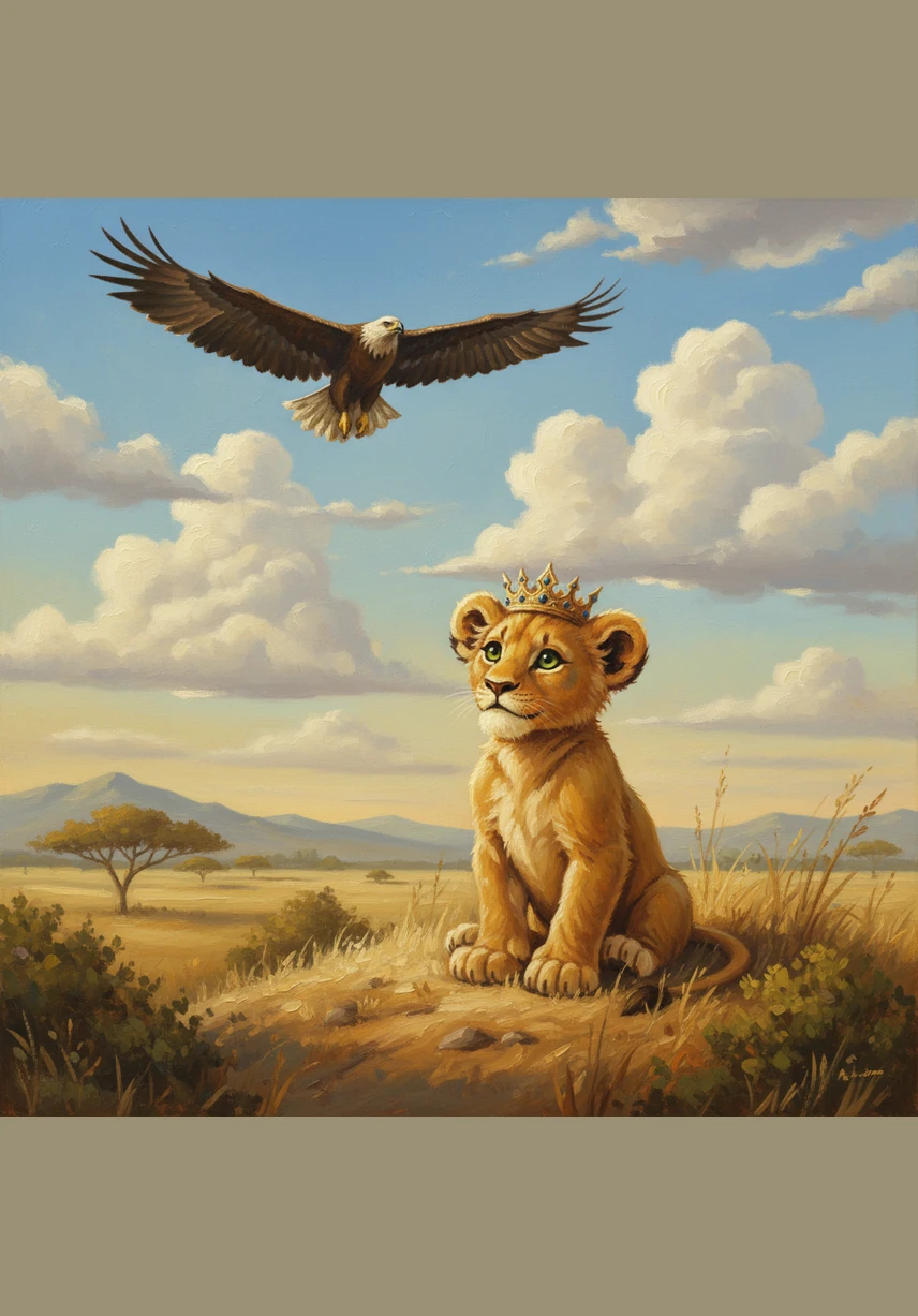 Leo the lion cub sat on a sun-drenched hill, gazing at a majestic eagle gliding through the fluffy white clouds. He sighed softly, wondering if he would ever find a special talent that made him feel proud of himself.