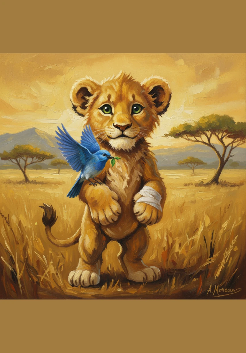 He puffed out his chest and tried to let out a thunderous roar, but only a tiny, high-pitched squeak came out. The colorful butterflies nearby didn't even flutter away, making Leo's ears droop with a bit of sadness.