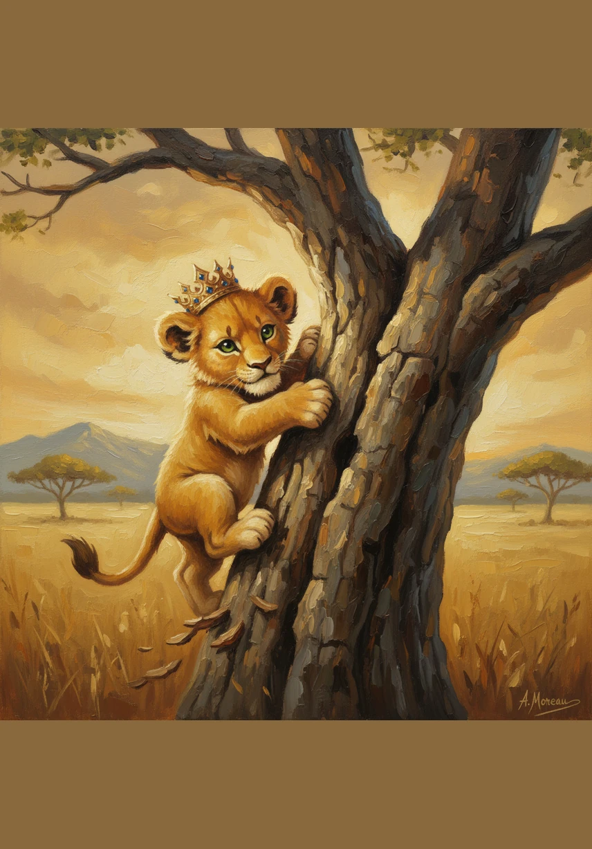 He tried to scramble up the rough, textured bark of an ancient acacia tree, mimicking the nimble leopard he had seen earlier. His paws slipped on the wood, and he ended up hugging the trunk before sliding down into the soft, green grass.