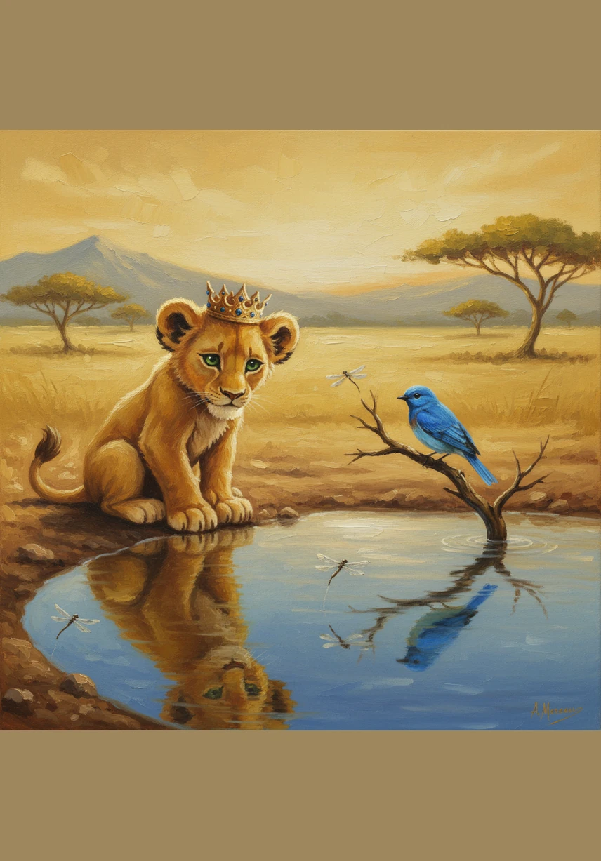 Feeling quite discouraged, Leo sat by the edge of a shimmering blue watering hole, watching the dragonflies dance over the still surface. He felt like everyone else in the wild had a purpose while he was just a clumsy, ordinary cub.