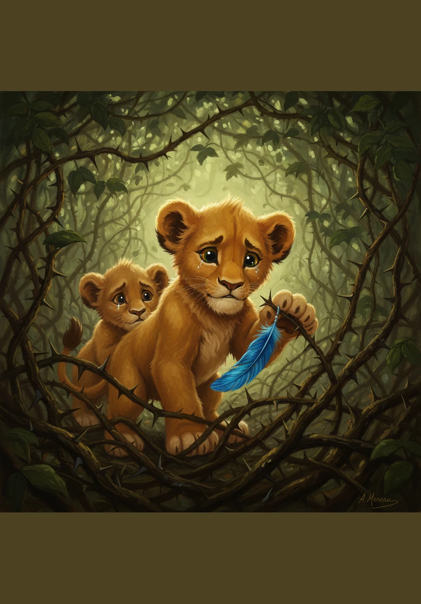 A sharp, frantic sound from a nearby thicket of tangled vines caught his ears, where a small blue bird was hopelessly trapped. The bird’s delicate wings were caught in the thorns, and it looked very tired and frightened.