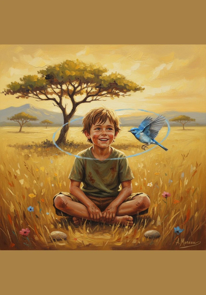 The bird burst into the air with a joyful song, circling Leo’s head in a vibrant display of gratitude and light. Leo watched it fly higher and higher, feeling a wonderful spark of happiness and pride deep inside his heart.