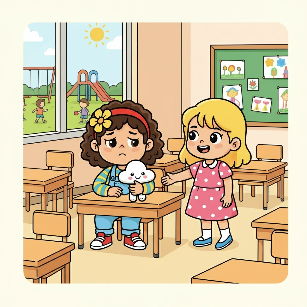 Tenefüste, diğer çocuklar oyun oynamak için dışarı çıktı. Elif, yine yalnız kalmaktan korkarak sınıfında oturdu. Bir anda, yanına sarı saçlı, güler yüzlü bir kız çocuğu geldi.