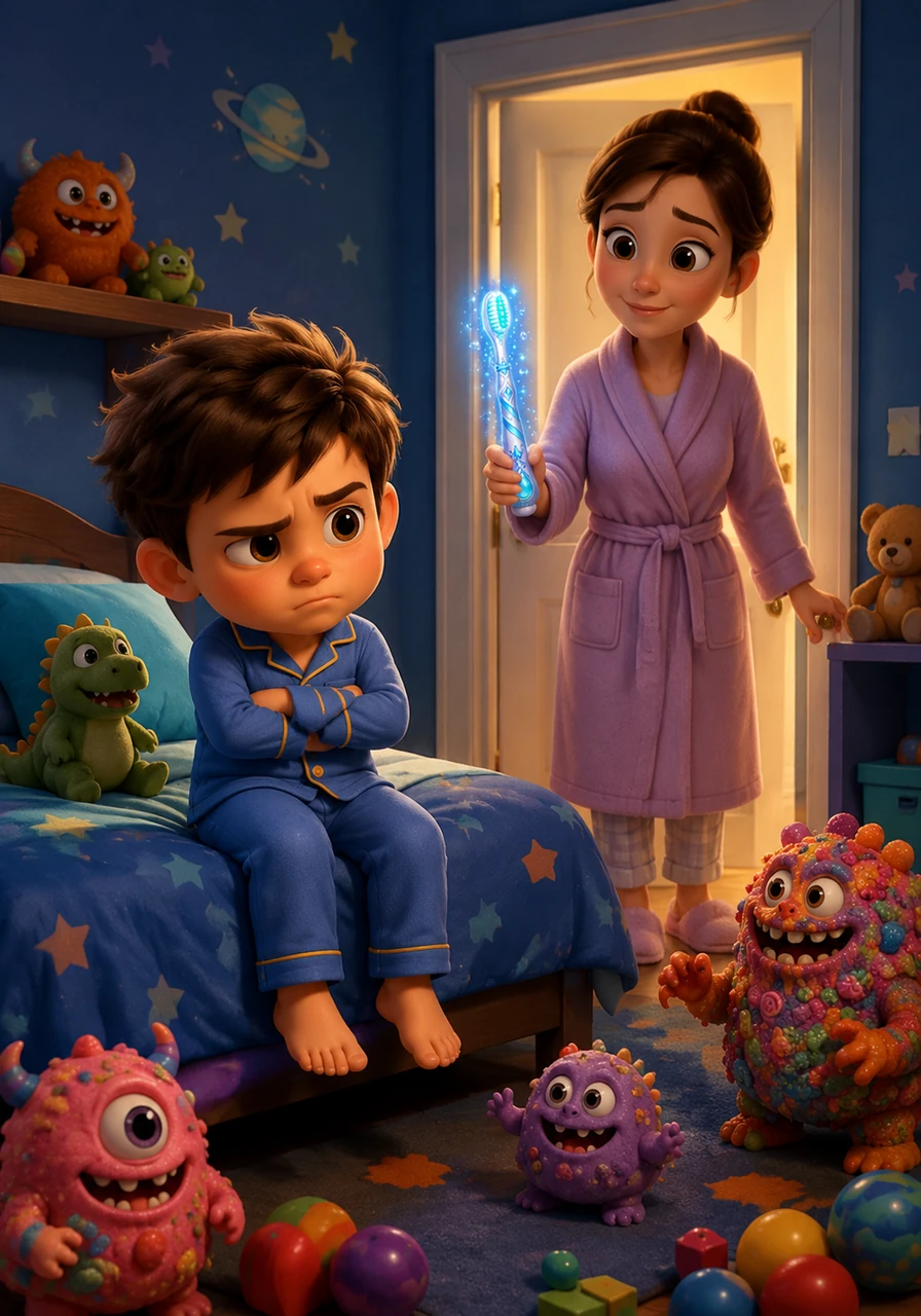 Tommy sat on his bed with a stubborn frown, crossing his arms while his mother stood in the doorway holding his toothbrush. The room was filled with colorful toys, but the little boy wanted nothing to do with the nightly routine of cleaning his teeth.