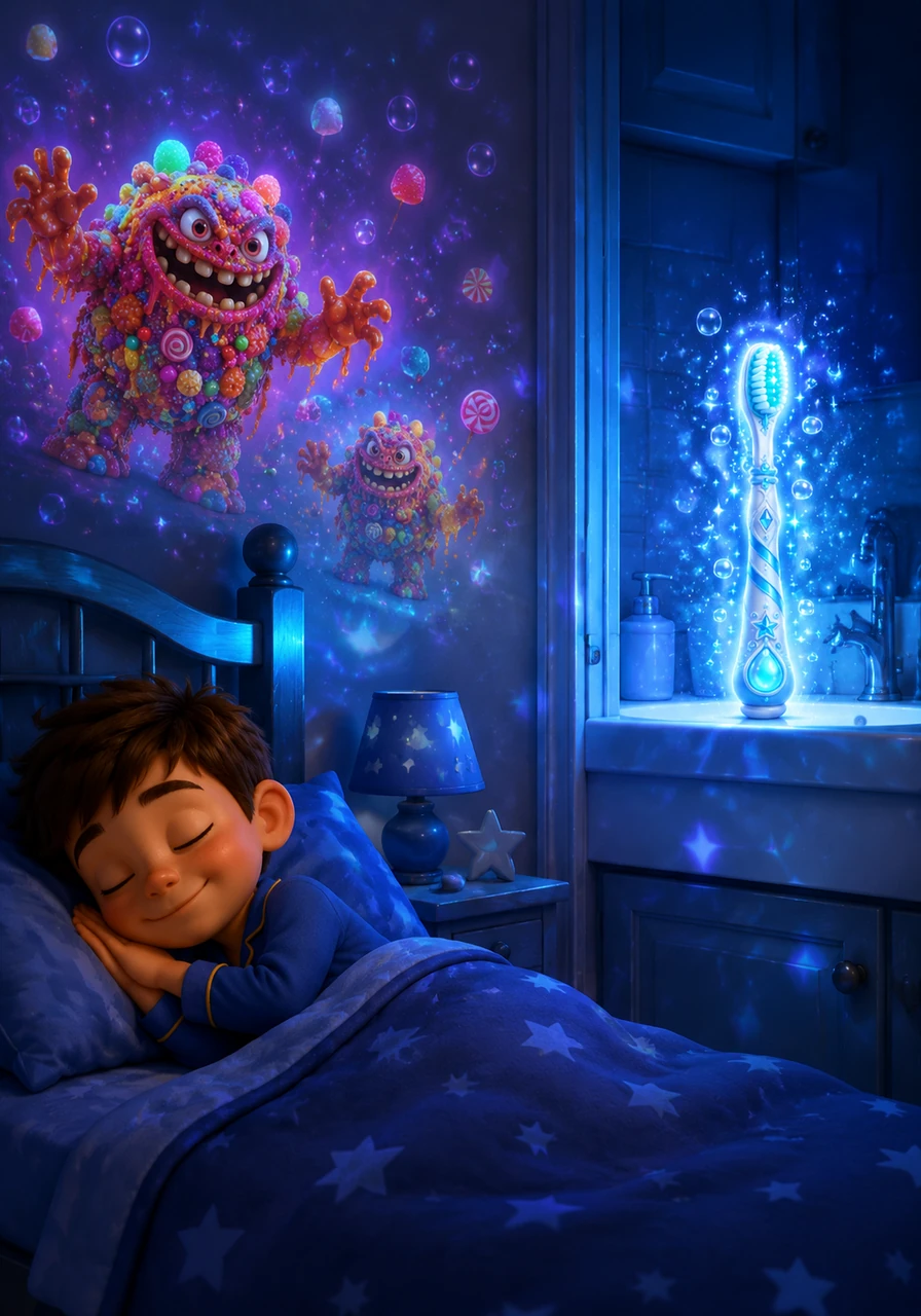 Late that night, while Tommy was fast asleep and dreaming of candy, a soft blue light began to pulse from the bathroom sink. His ordinary toothbrush started to glow with a magical aura, casting shimmering reflections of stars and bubbles across the bedroom walls.