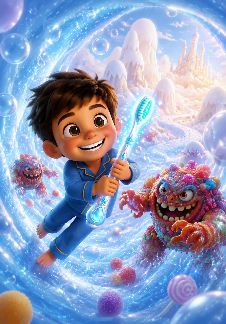 Suddenly, Tommy found himself floating through a swirling tunnel of minty-fresh bubbles and sparkling light. He clutched his glowing toothbrush tight as he soared toward a magnificent land made of bright white enamel and pearl-colored clouds.