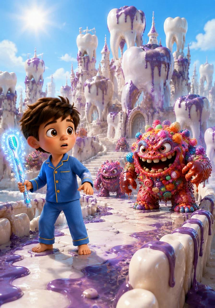 He landed in the Tooth Kingdom, a place of magnificent white towers that looked like giant, healthy teeth under a bright sun. However, dark patches of sticky purple goo were spreading across the beautiful landscape, making the pearly towers look dull and dirty.