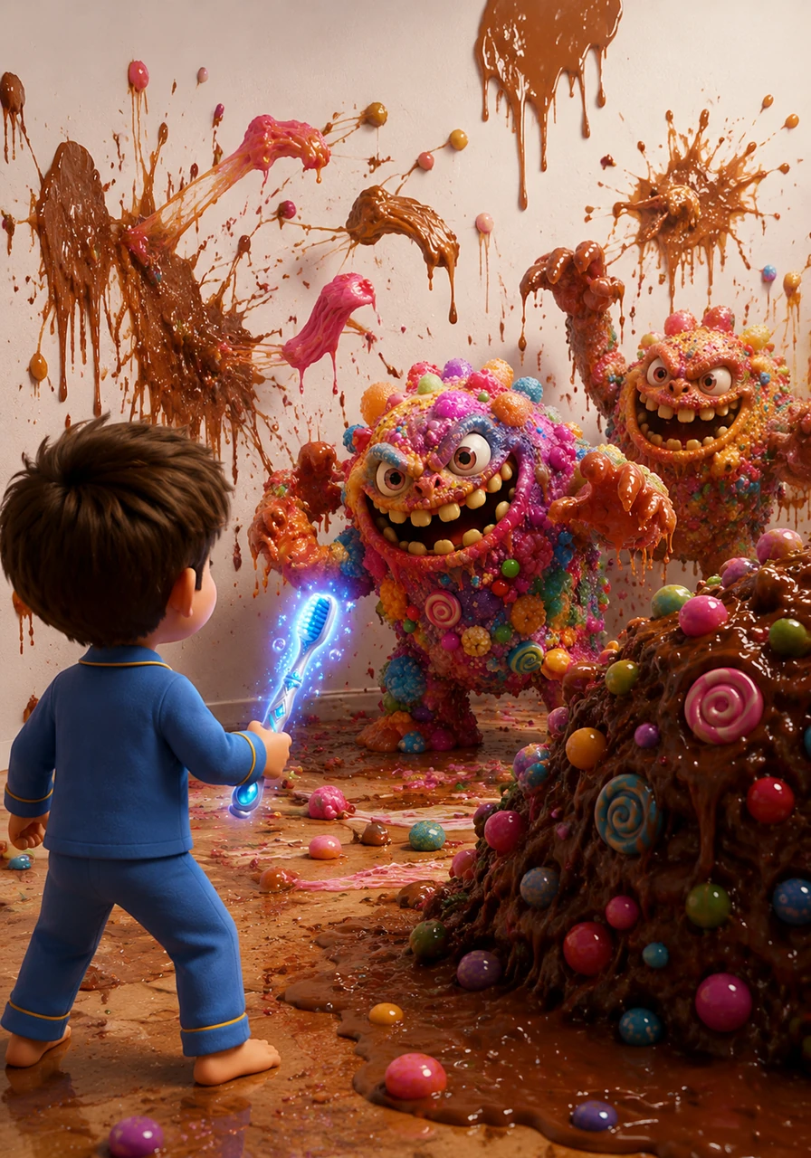 From behind a sticky chocolate bush, the Sugar Monsters emerged with mischievous grins and gooey, syrup-covered hands. These lumpy, candy-coated creatures were busy painting the white walls with brown stains and throwing sticky taffy everywhere.
