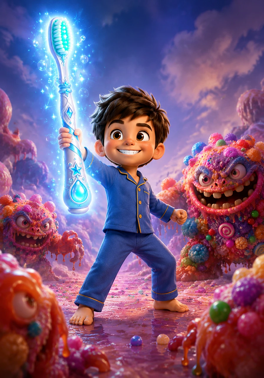 Tommy’s toothbrush suddenly grew into a magnificent glowing staff that shimmered with a cool, peppermint light. He stood tall and brave, realizing that he was the hero chosen to save this magical world from the messy Sugar Monsters.