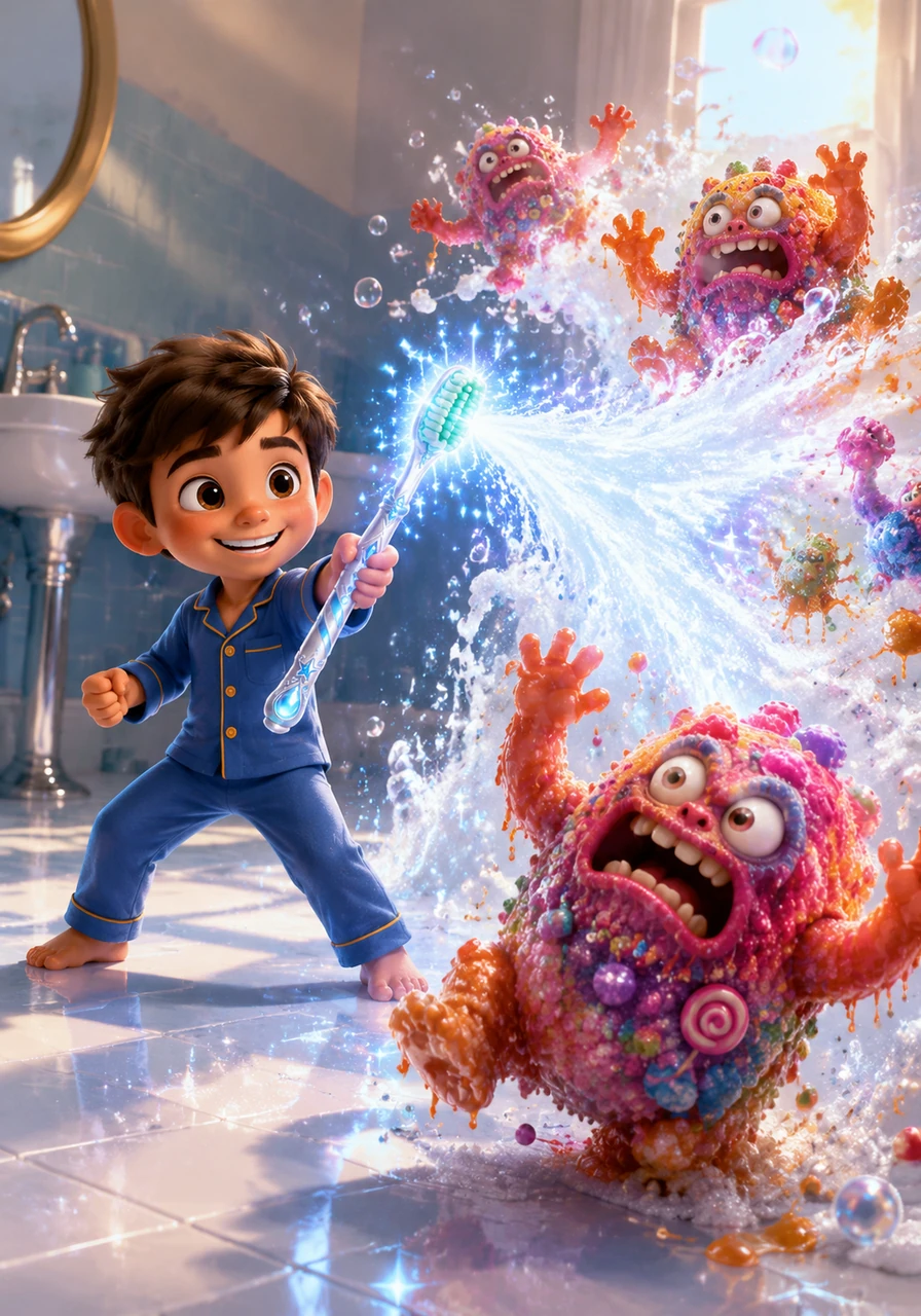 With a swift wave of his magic staff, Tommy released a powerful blast of sparkling white foam that sent the Sugar Monsters scurrying away. The sticky goo dissolved instantly, leaving behind a fresh scent and a brilliant, diamond-like shine on every surface he touched.