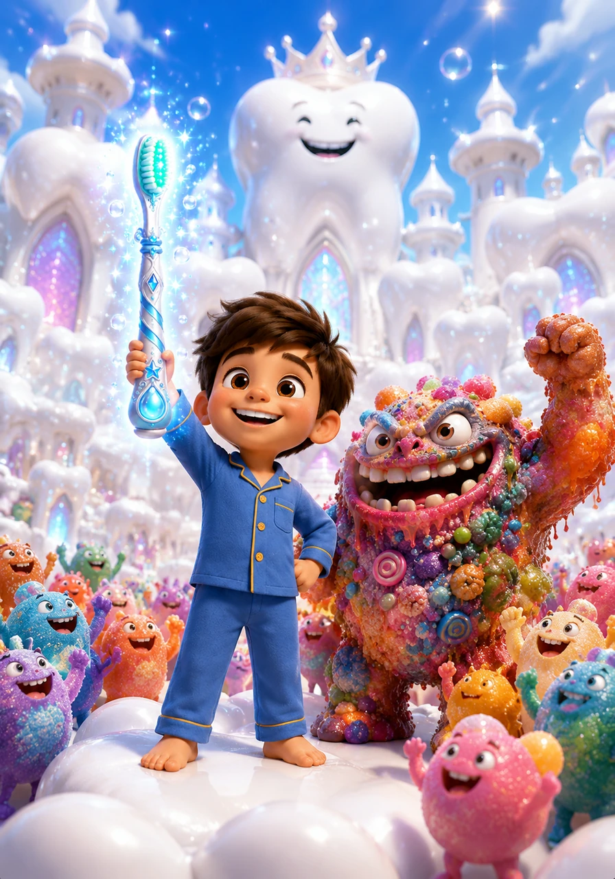 The tiny citizens of the Tooth Kingdom cheered as their world returned to its dazzling, pearly-white glory. Tommy felt a surge of pride in his heart, finally understanding how important it was to keep things clean and protected from decay.