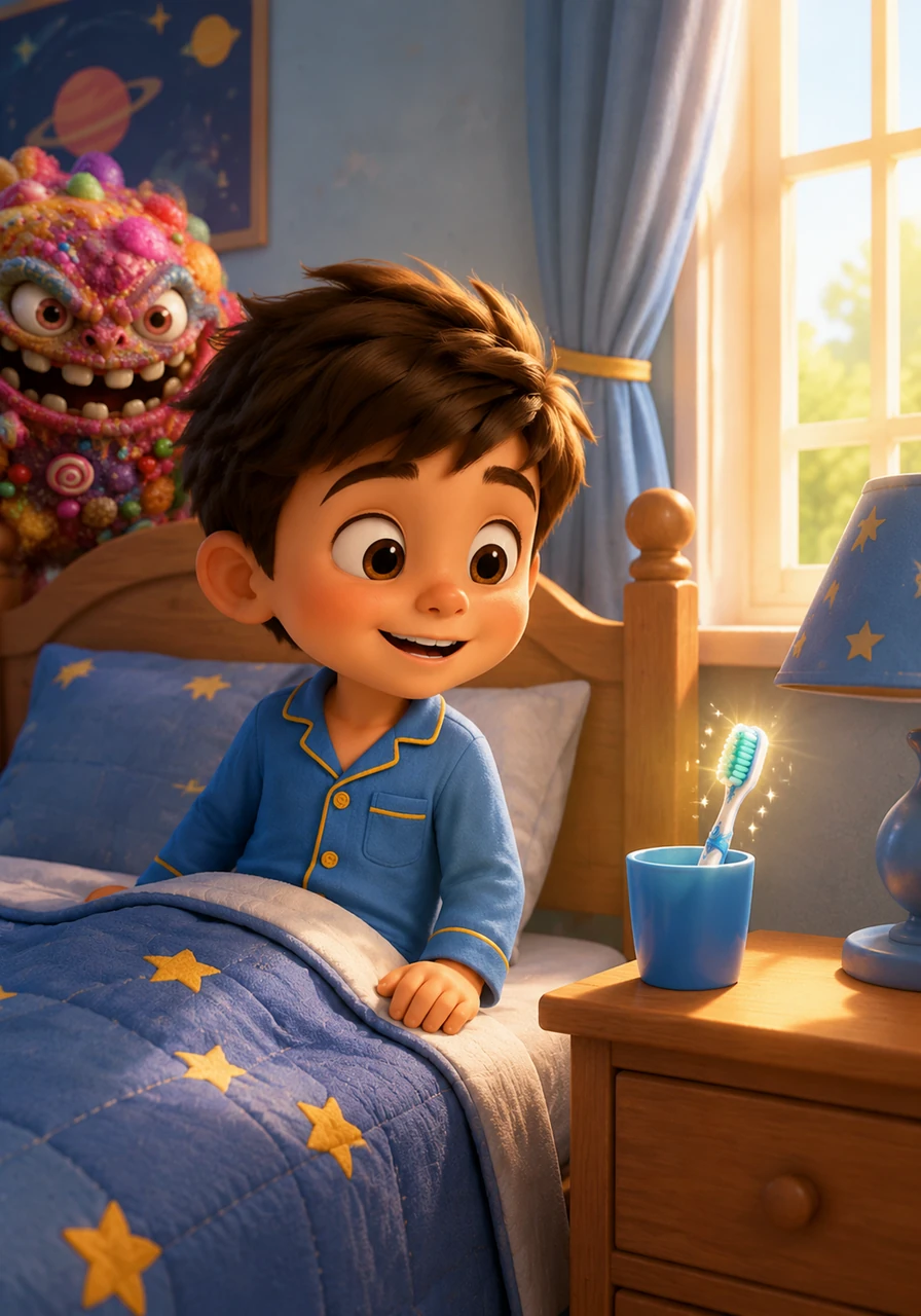 Tommy blinked his eyes and found himself back in his cozy bed, with the morning sun streaming through the window. He looked at his nightstand and saw his regular toothbrush, which seemed to give him a tiny, secret sparkle in the light.
