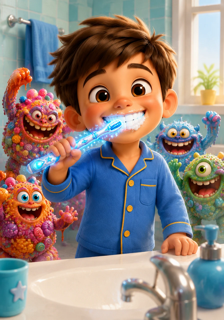 Tommy ran straight to the bathroom and brushed his teeth with a giant, happy smile, making sure every single tooth was sparkling clean. From that day on, he never missed a chance to keep his teeth strong and healthy, always remembering his magical adventure.