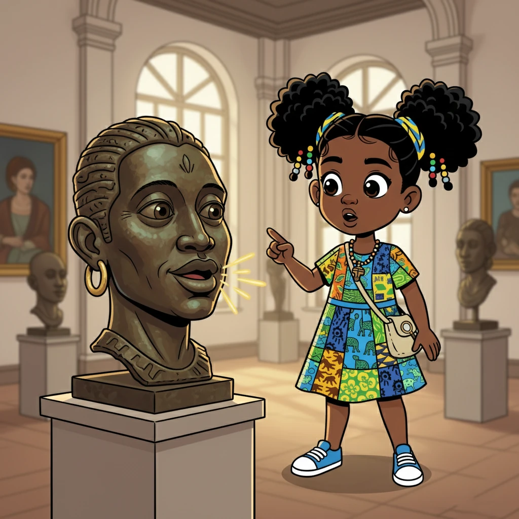 As Ada wandered through a gallery, she stumbled upon a magnificent bronze head. Suddenly, the head spoke! "Welcome, young one," it boomed. "I am Olokun, a guardian of stories. Are you ready to learn about our history?"