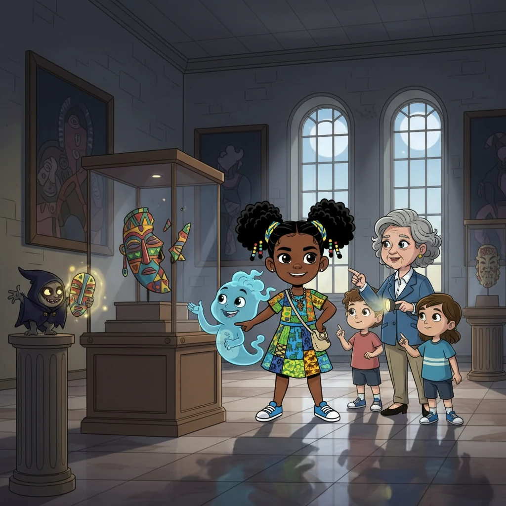 Olokun explained that a mischievous spirit had hidden pieces of a precious cultural artifact. Ada, with her newfound friend Olokun, decided to team up with the museum's helpful guide, Mrs. Chibuzo and her friends, to find them.