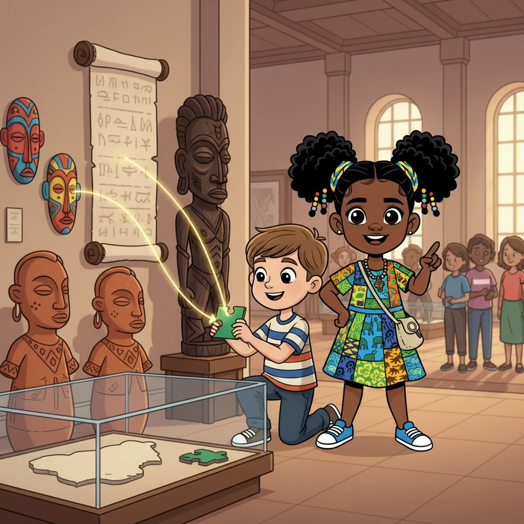Together, they explored the museum, encountering Nok terracotta figures, vibrant traditional masks, and powerful ancestral carvings. They worked together, solving riddles and using their knowledge of Nigerian history to uncover the missing pieces.