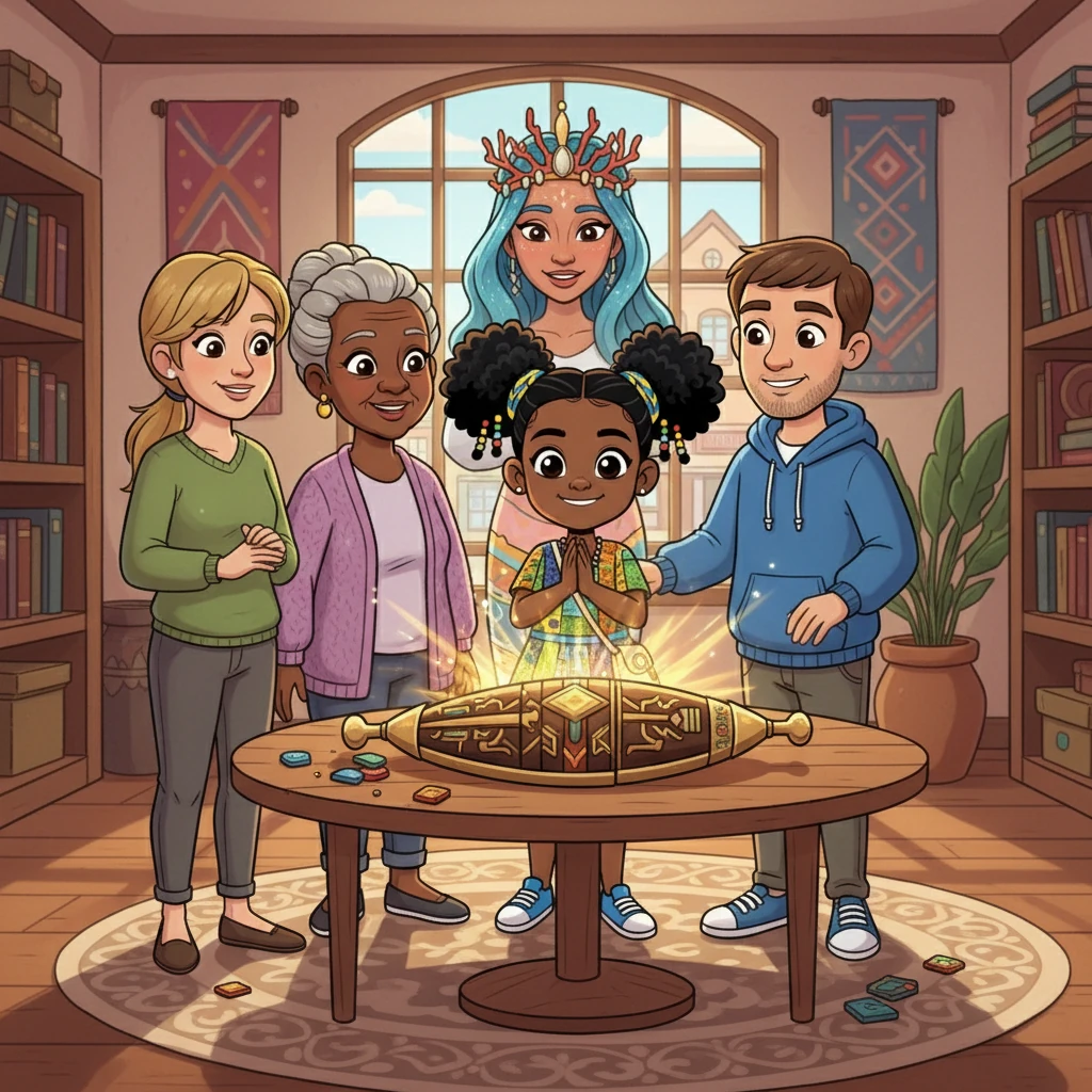 Finally, after a fun and collaborative effort, Ada, Mrs. Chibuzo and her friends found all of the missing pieces! Olokun smiled, proud of the teamwork and dedication. The artifact was whole once again, radiating with cultural pride.