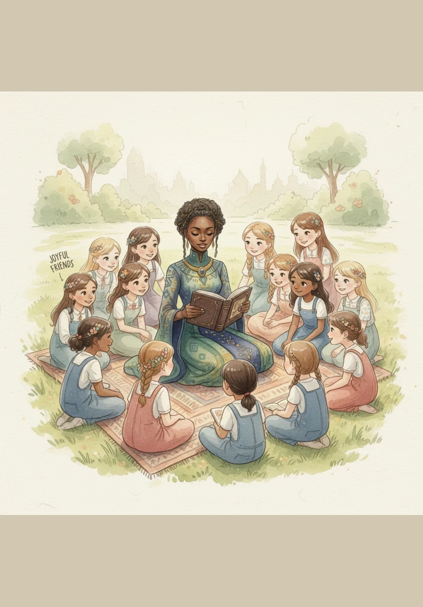 Ms. Amara steps through the doorway, her colorful scarf trailing behind her as she catches her breath with a warm, knowing smile. The classroom hums with the excited whispers of two dozen girls who have been eagerly awaiting her arrival. Sunlight streams through the large windows, illuminating the stacks of books and art supplies ready for the day's adventure.