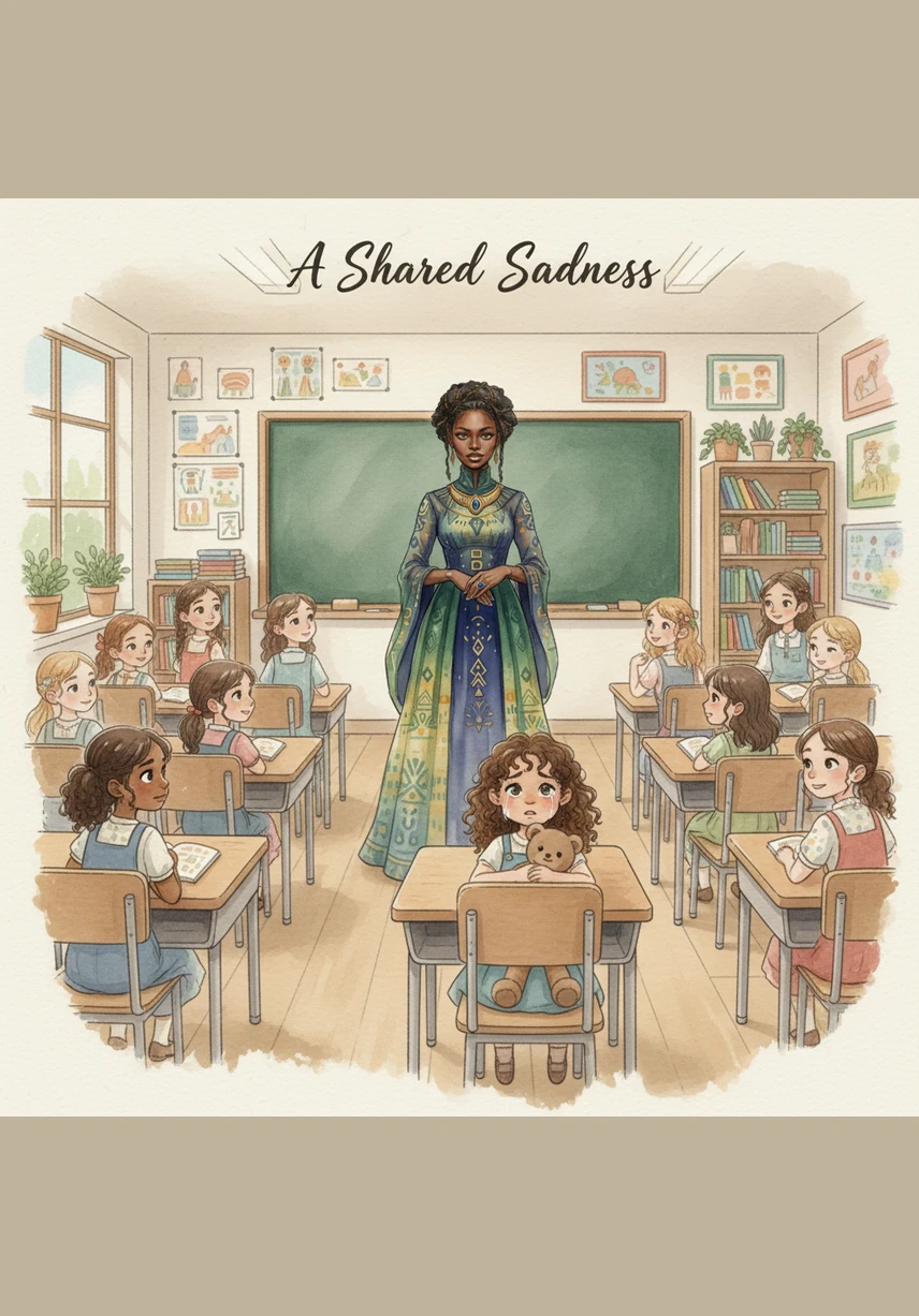 Standing before the chalkboard, Ms. Amara opens a worn leather notebook, her eyes sparkling with the secret of today's lesson. The girls lean forward in their seats, their diverse faces reflecting a mix of curiosity and pure joy as the first words of the story fill the air. Every hand is ready to reach for the stars, and every heart is open to the wonders of discovery.