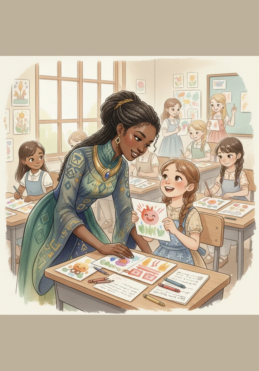 By the end of the morning, the room is a whirlwind of creativity, with colorful drawings and handwritten poems covering every desk. Ms. Amara kneels beside a young girl to admire her work, sharing a quiet moment of encouragement that lights up the student's face. In this classroom, every girl knows she is seen, she is capable, and she is destined for greatness.