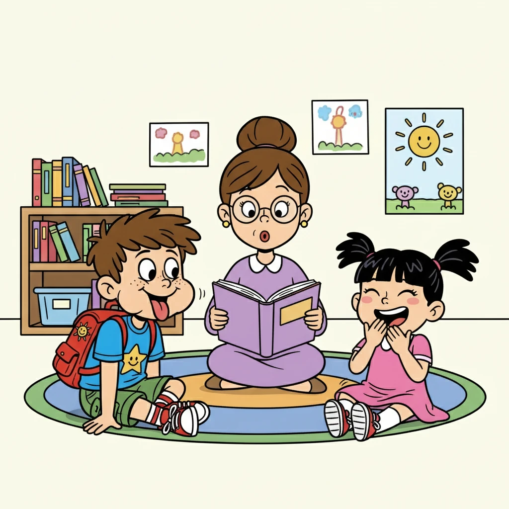During circle time, while Mrs. Gable read a story, Oliver began to make silly faces at his friend, Lily. Lily tried to stifle her giggles, but they eventually burst out. Mrs. Gable raised an eyebrow, but couldn't help but smile.