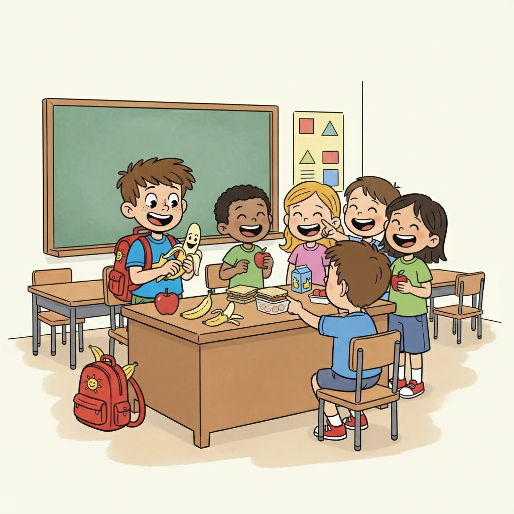 At snack time, Oliver swapped his apple for a banana, then proceeded to peel the banana in the shape of a funny face. He then placed it on the teacher's desk. The other children laughed.