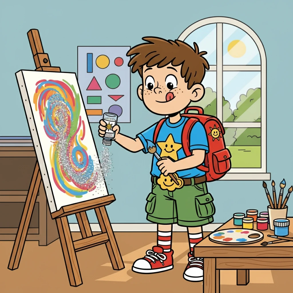 In art class, Oliver decided that the provided paint colors were simply not vibrant enough. He snuck a bottle of glitter from his pencil case, adding a dazzling shimmer to his artwork.