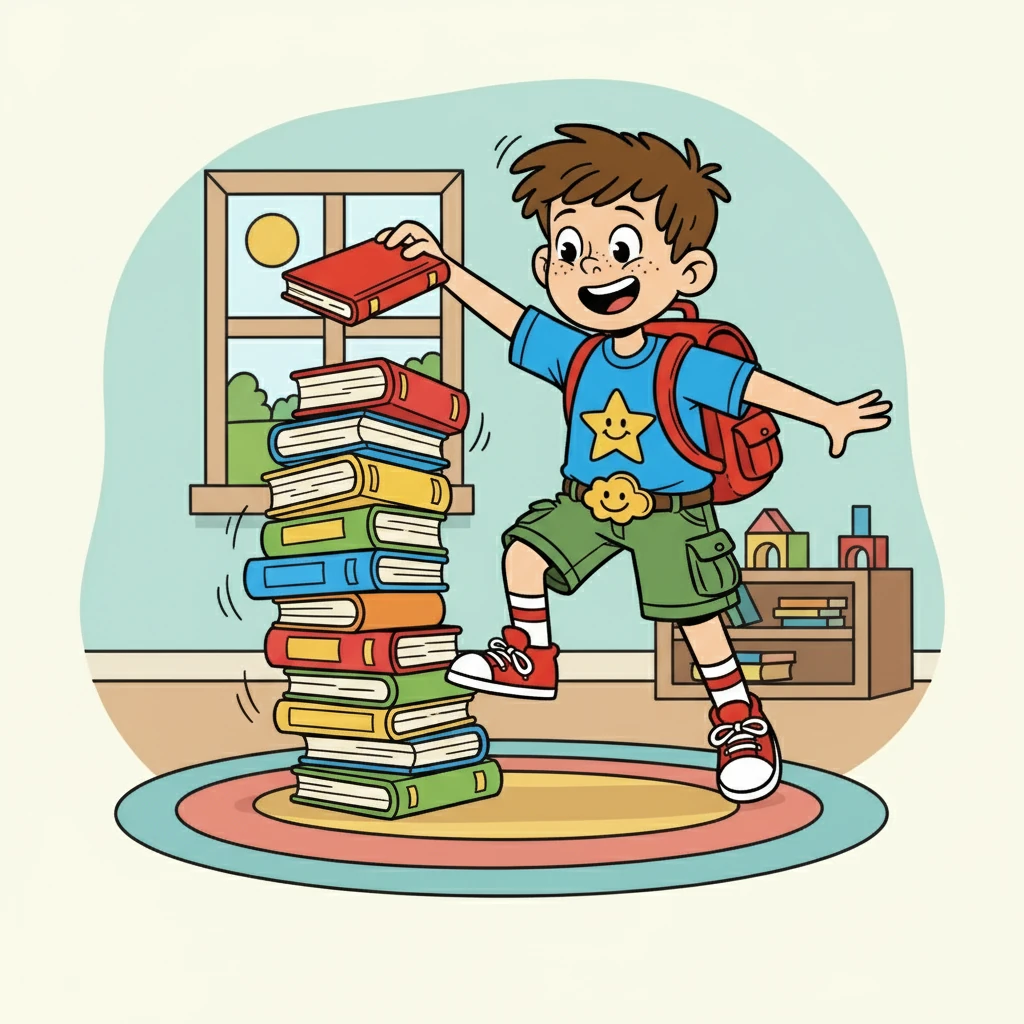 When it was time for quiet reading, Oliver couldn't resist a little adventure. He carefully stacked his books, creating a wobbly tower that threatened to topple at any moment.