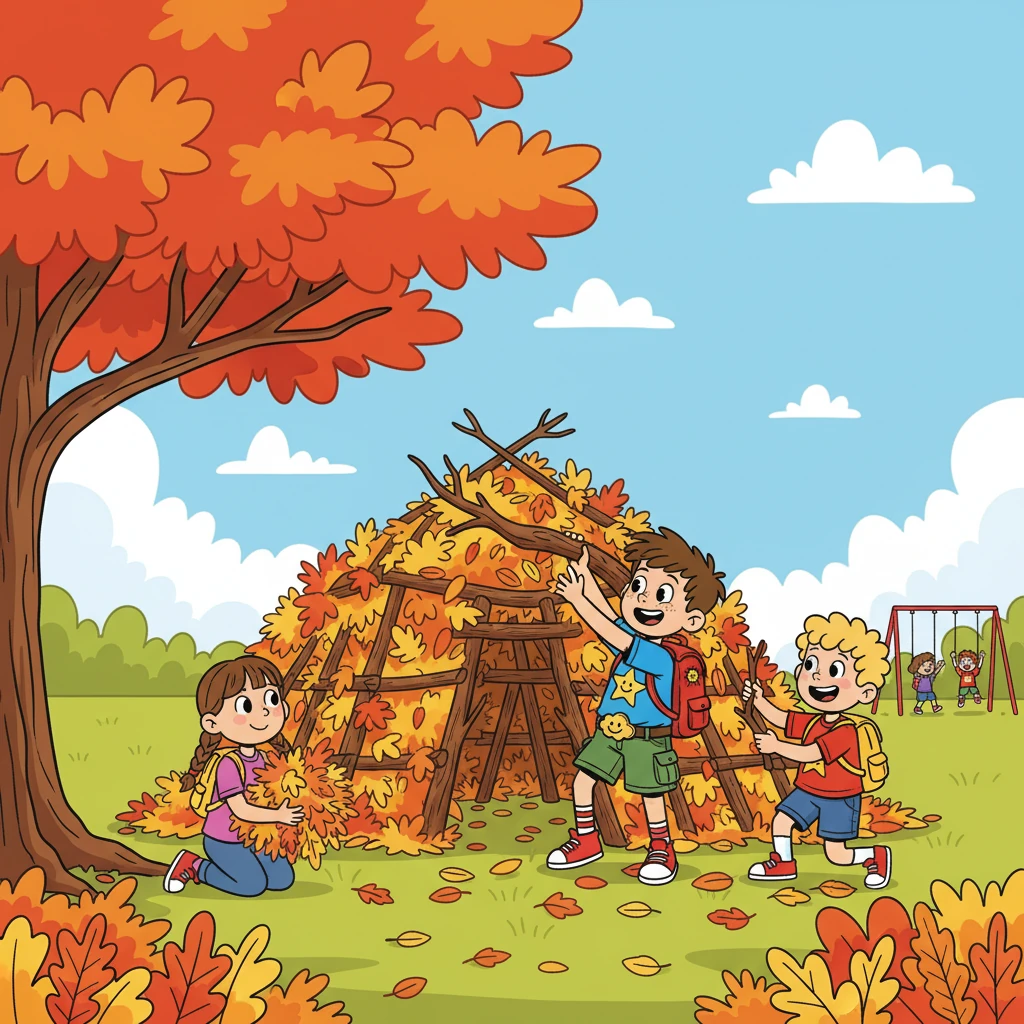 During recess, Oliver and his friends decided to build a magnificent fort. They gathered fallen leaves and branches, creating a secret hideaway in the playground.