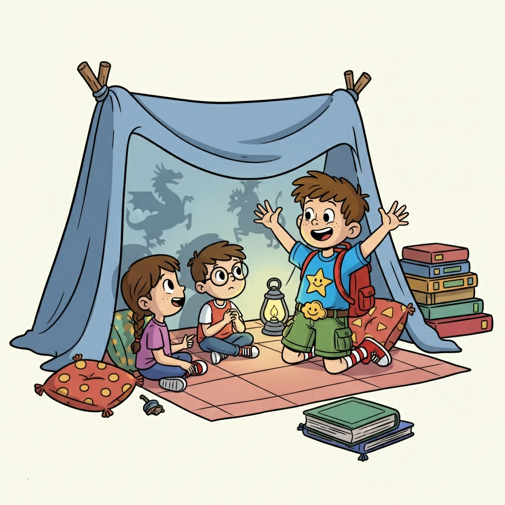 Inside the fort, Oliver told fantastical stories of brave knights and dragons. His friends listened, captivated by his imaginative tales, their eyes wide with wonder.