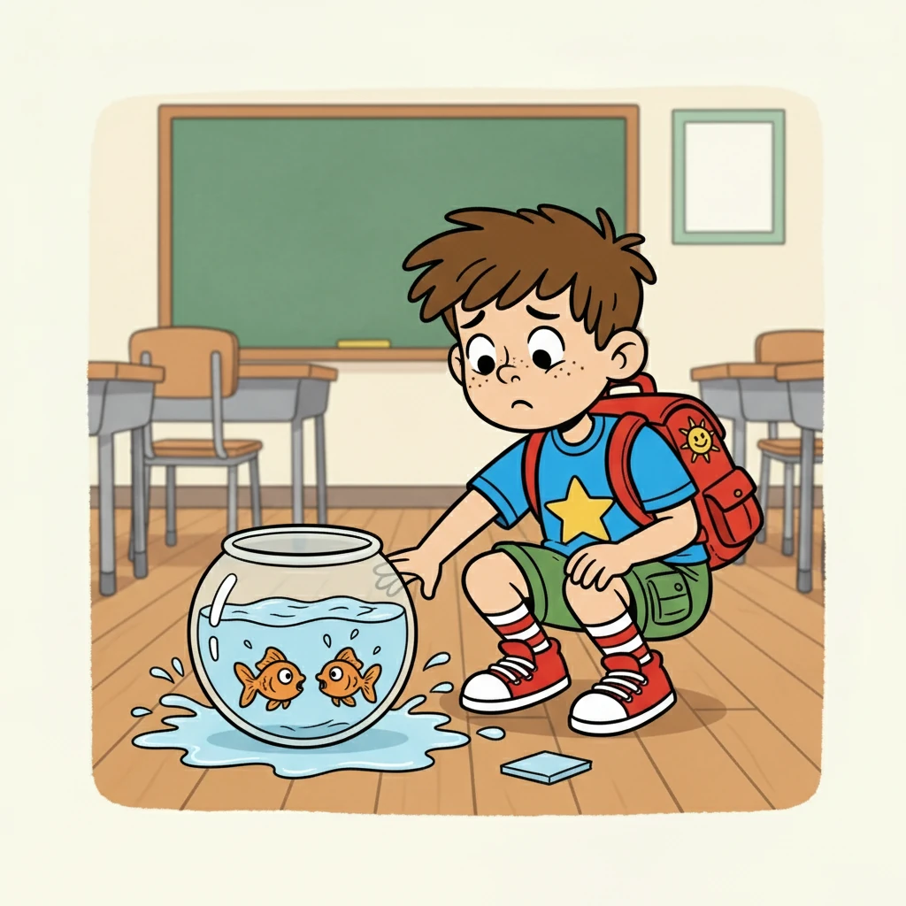 One day, Oliver's mischievous antics led to a small accident, and he accidentally knocked over the class fishbowl. He felt bad when he saw the fish swimming in the water.