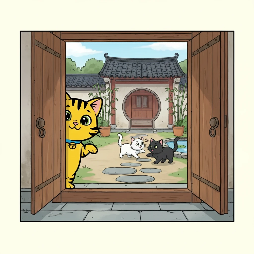 一只黄黑条纹的小猫，也就是小黄，悄悄地来到了爷爷奶奶的家门口。它小心翼翼地探头探脑，好奇地观察着这个新环境。当它看到叮叮和当当时，似乎鼓起了勇气，慢慢地走了过去。