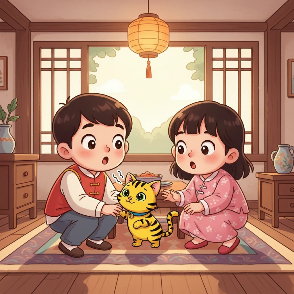 叮叮和当当第一次看到了小黄，两个小家伙都瞪大了眼睛，被这只可爱的小猫咪吸引住了。小黄轻轻地蹭了蹭叮叮的腿，又蹭了蹭当当的腿，发出了温柔的喵喵声，好像在说“你好！”