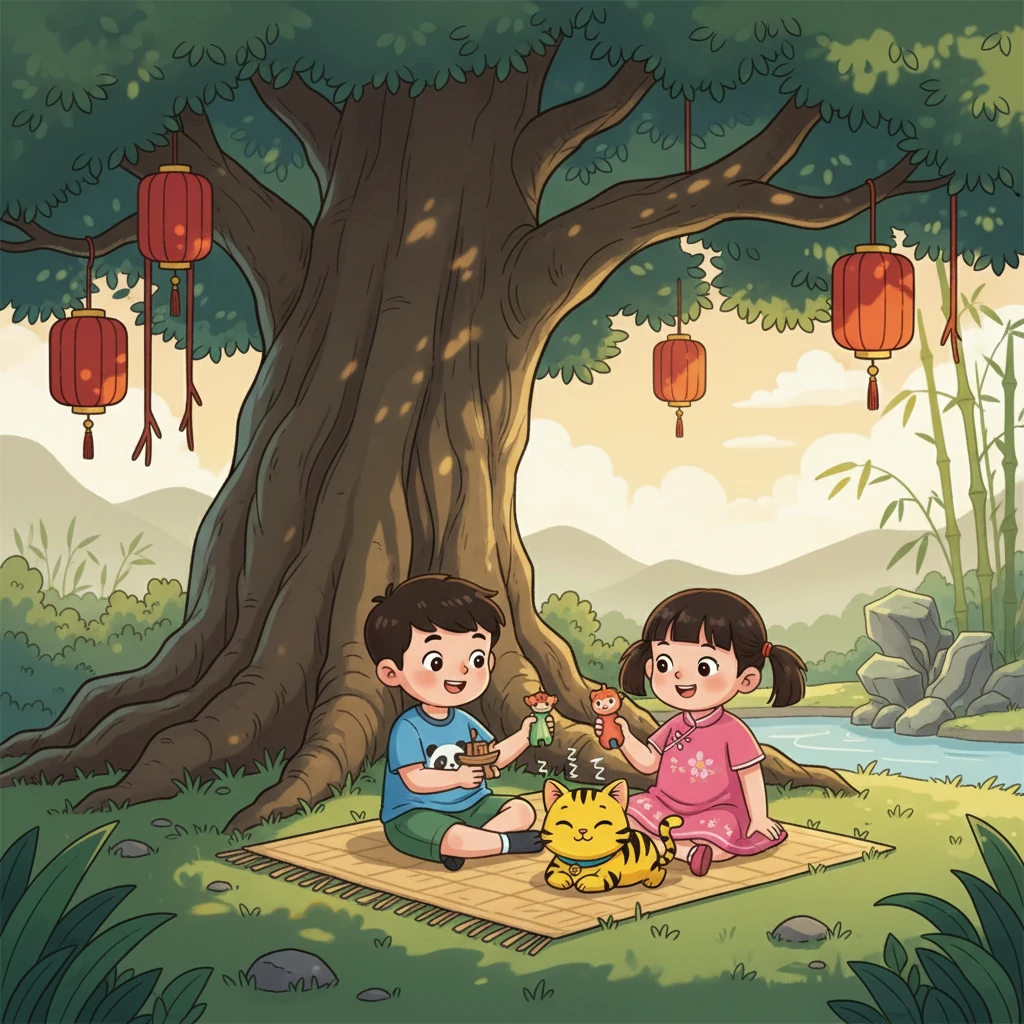 有一天，叮叮和当当带着小黄来到了凉爽的树荫下。他们给小黄讲故事，分享玩具，小黄则在一旁安静地听着，不时地发出轻微的呼噜声，表示对小朋友们的喜爱。