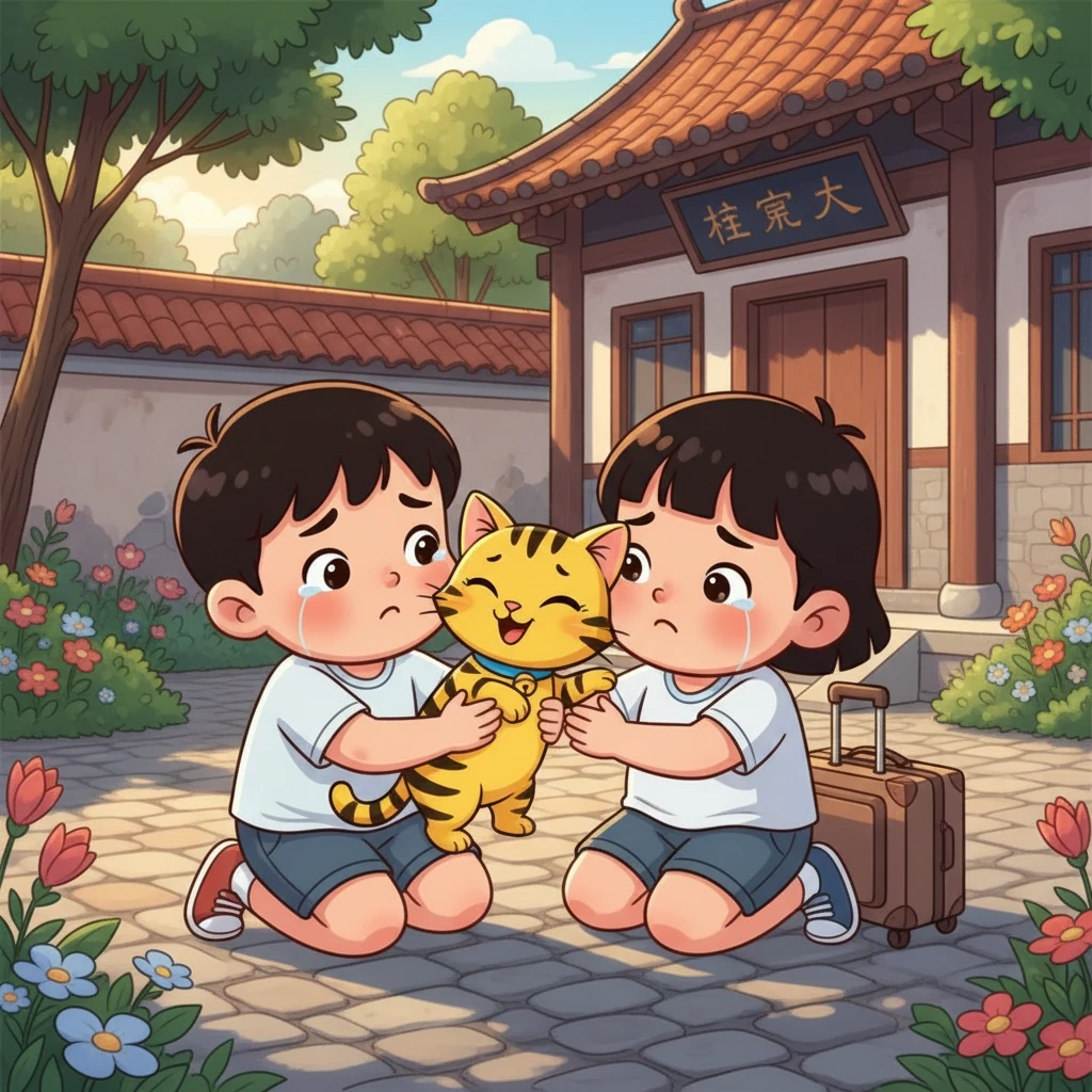 暑假结束的时候，叮叮和当当要离开了。他们紧紧地抱着小黄，依依不舍。小黄也似乎感受到了分别的气氛，轻轻地蹭着他们的脸颊，用喵喵声表达着爱意，约定着下一次的相聚。