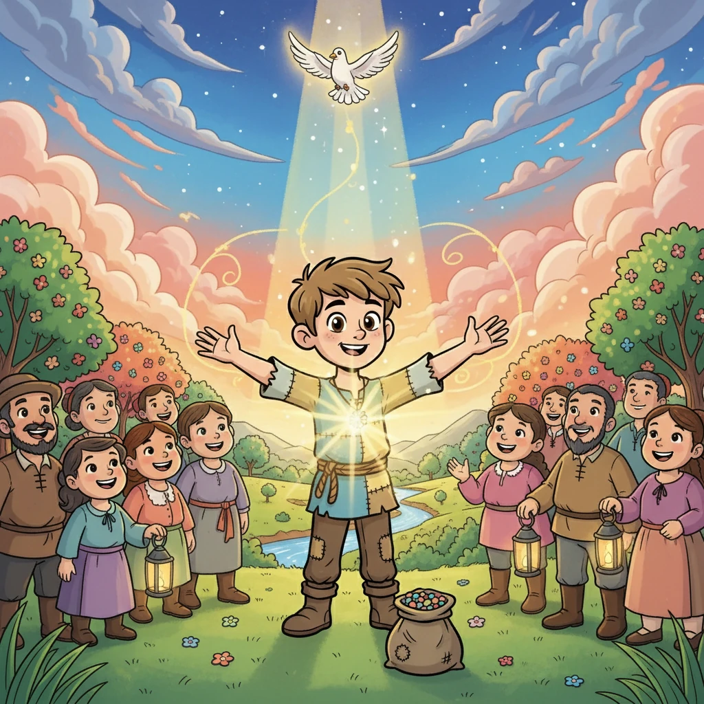 Com a ajuda de seus amigos e a força divina, Rafael conseguiu trazer a luz de volta ao mundo. A alegria e a paz retornaram, mostrando que a fé e a bondade sempre prevalecem.