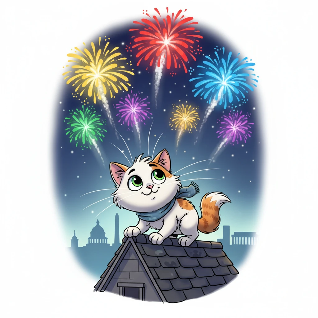 Whiskers the cat sat perched on a rooftop, mesmerized by the dazzling fireworks bursting over Washington, D.C. Each brilliant boom lit up the night sky in a symphony of colors. "Can you believe all of this is to celebrate America's 250th birthday?" he mused, his whiskers twitching with curiosity. He wondered what exactly made America so special to warrant such a grand celebration. Determined to find answers, Whiskers decided his adventure would begin right here in the nation's capital.