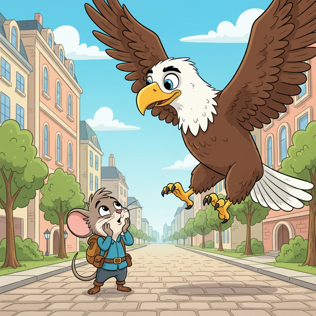 The next morning, Whiskers began exploring, his paws padding softly along the grand avenues. He squinted up at a magnificent bird soaring overhead. Suddenly, a majestic bald eagle with piercing eyes landed gracefully nearby. "Greetings, little explorer!" boomed the eagle. "I'm Sam, the nation's symbol, and I couldn't help but notice your curious look."