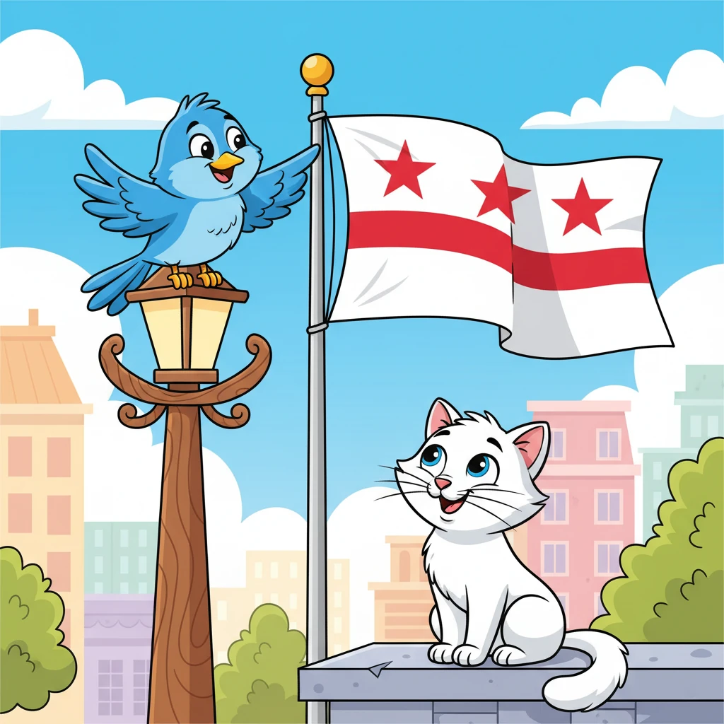 Sam then pointed a wing towards a vibrant banner fluttering proudly on a pole. "That, Whiskers, is the flag of Washington, D.C.!" he declared. "Its three red stars and two red bars represent the coat of arms of George Washington's family, a nod to the city's namesake." Whiskers purred, admiring the simple yet powerful design. It was a beautiful symbol of the capital.