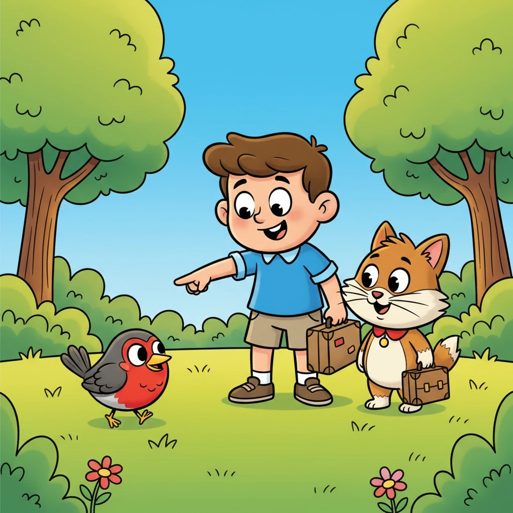 Next, Sam led Whiskers to a lush park, where a cheerful American Robin hopped along the grass. "Meet the official bird of D.C., Whiskers!" Sam chirped, pointing to the red-breasted bird. "Its bright colors and melodic song are a lovely part of our city's natural beauty." Whiskers watched the robin peck at the ground, a smile spreading across his face.