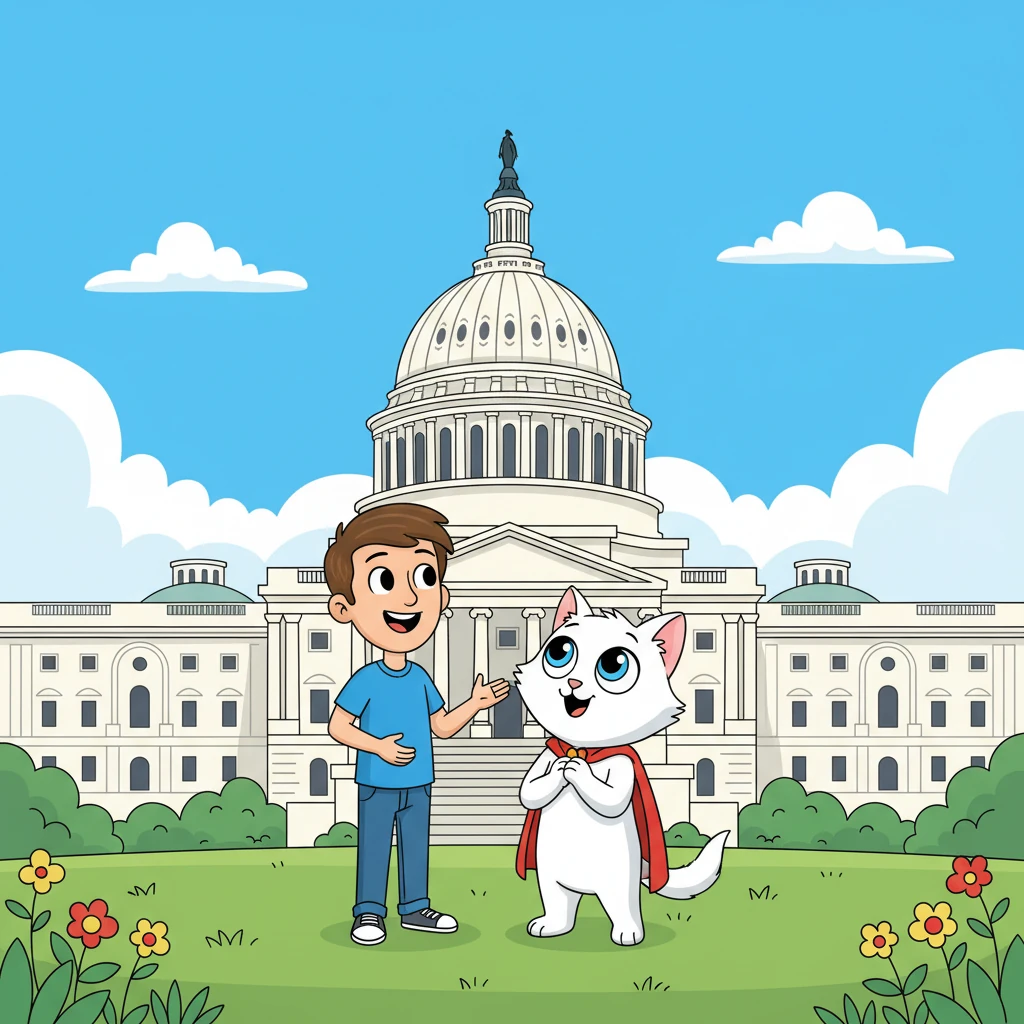 Their journey continued to an enormous, gleaming white building topped with a grand dome. "This is the United States Capitol Building," Sam announced with pride. "It's where our country's laws are made, debated, and decided upon by representatives from all over America." Whiskers felt a thrill of awe looking at the powerful structure. It truly felt like the heart of the nation.