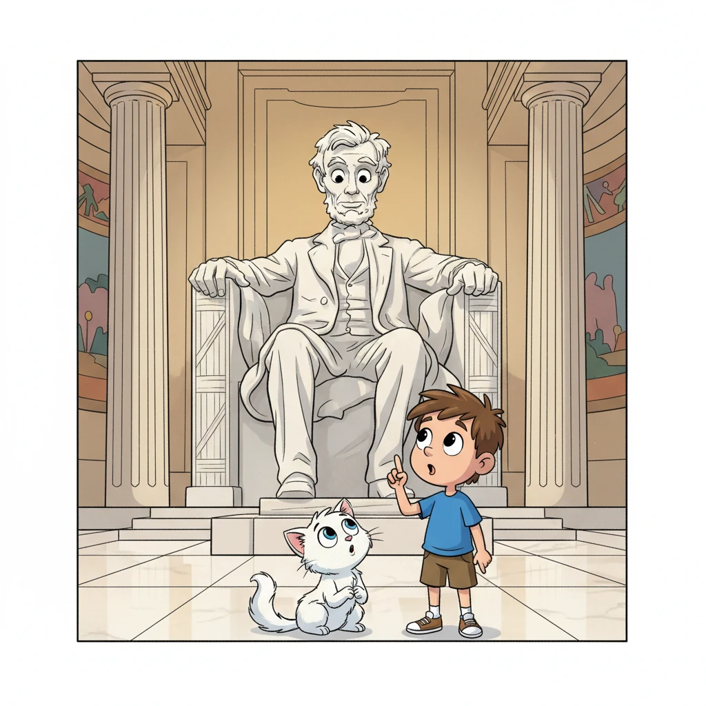 Sam then guided Whiskers to a massive marble monument with a towering statue inside. "Behold the Lincoln Memorial!" Sam whispered reverently. "It honors Abraham Lincoln, a wise president who helped unite our country during a very difficult time." Whiskers looked up at the giant figure, feeling the weight of history in the quiet, solemn space. It was a powerful reminder of leadership.