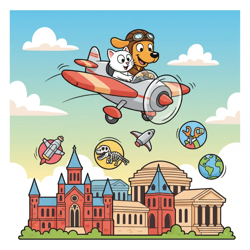For their next stop, Sam soared over a cluster of magnificent buildings. "These are the Smithsonian Museums!" he exclaimed. "They are treasure troves of knowledge, filled with everything from dinosaur bones to spaceships, and best of all, they're free for everyone to explore!" Whiskers' eyes widened at the thought of so many wonders. He couldn't wait to visit them all.