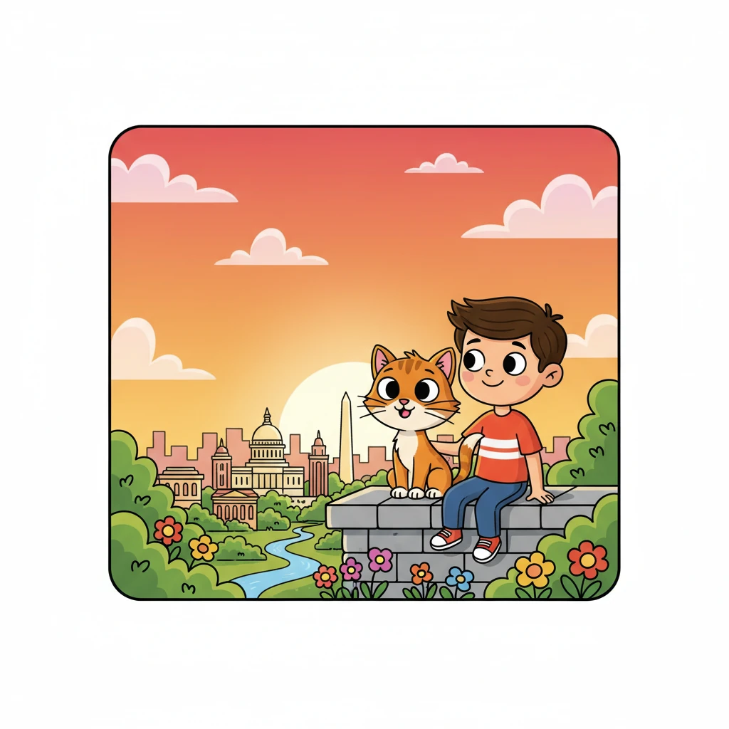 As the sun began to set, casting a golden glow over the city, Whiskers sat with Sam, reflecting on their day. He had seen grand buildings, learned about history, and met amazing symbols. Whiskers finally understood that America's specialness, especially on its 250th birthday, was about its rich history, its diverse symbols, and the many stories woven into its fabric. He felt a deep sense of wonder and gratitude for his incredible adventure.