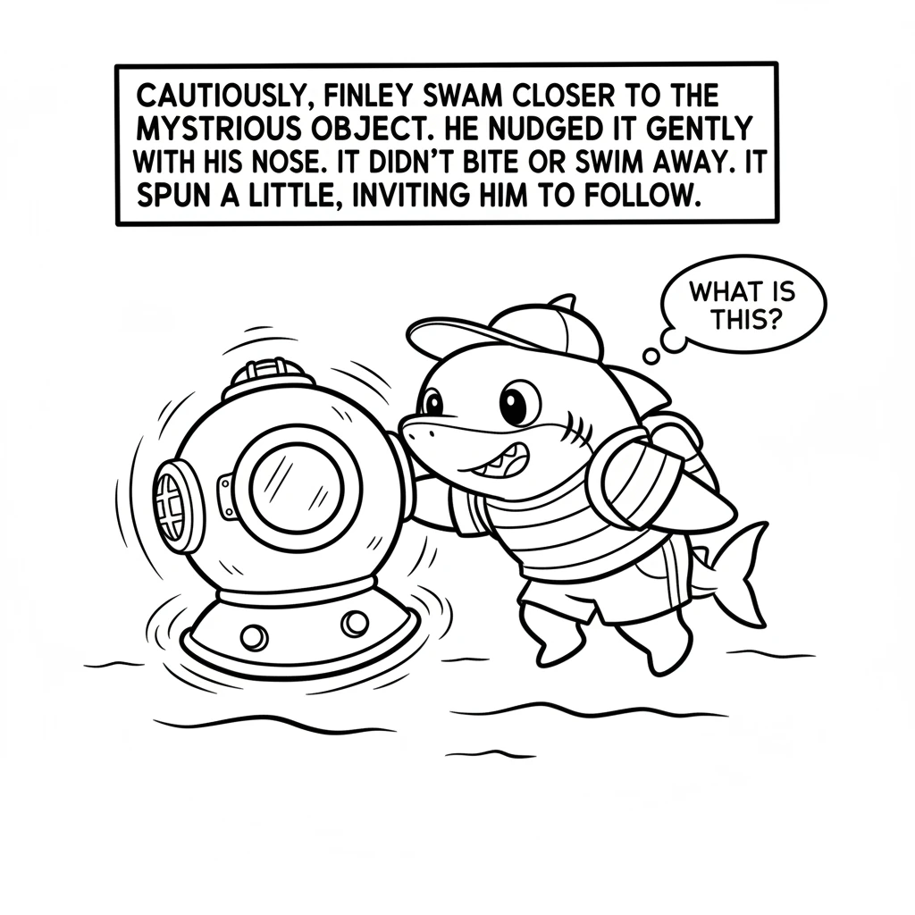 Cautiously, Finley swam closer to the mysterious object. He nudged it gently with his nose. It didn't bite or swim away. It just spun a little, inviti