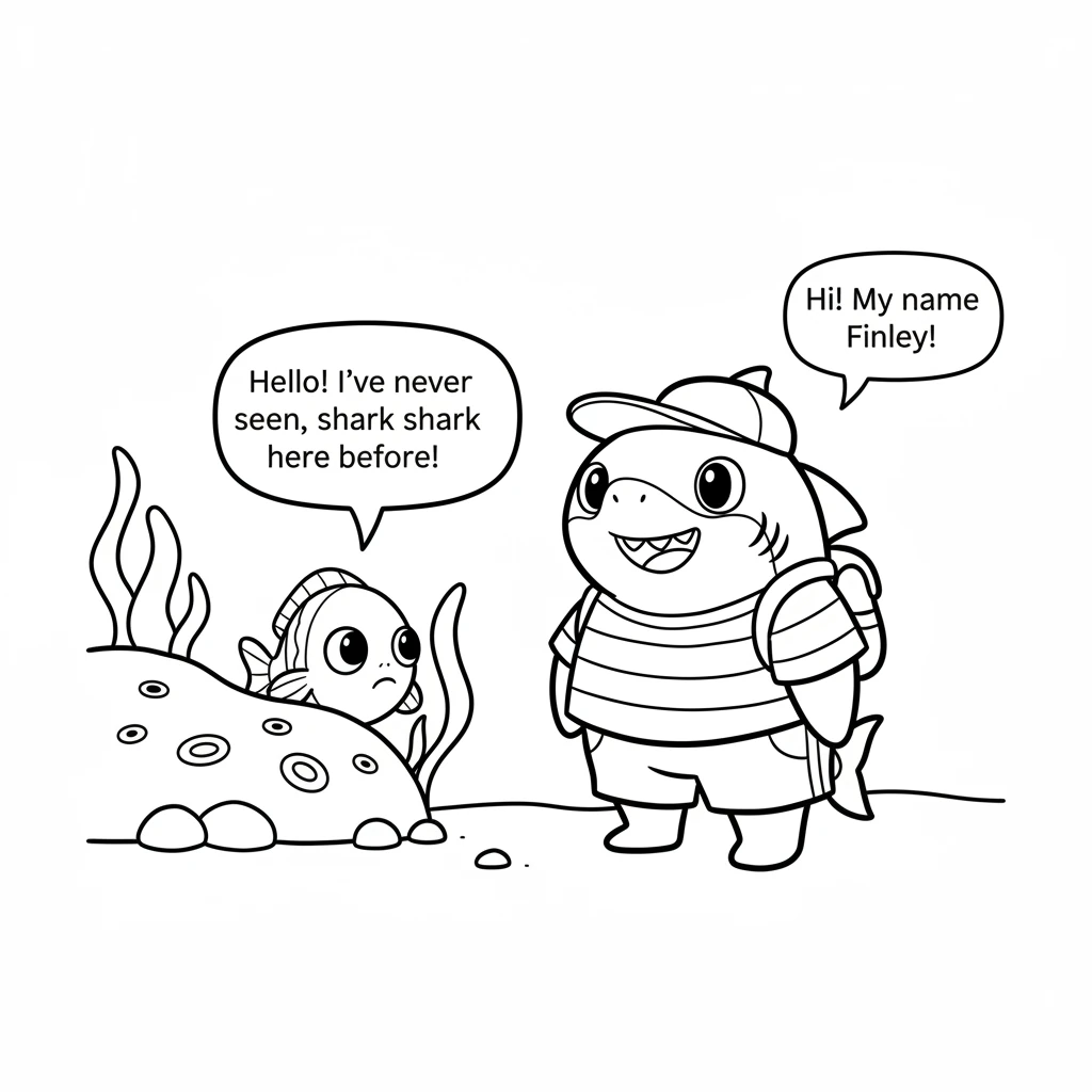 A small, shy fish with big eyes peeked out from behind a purple coral. "Hello!" it squeaked. "I've never seen a shark here before!" Finley smiled, his