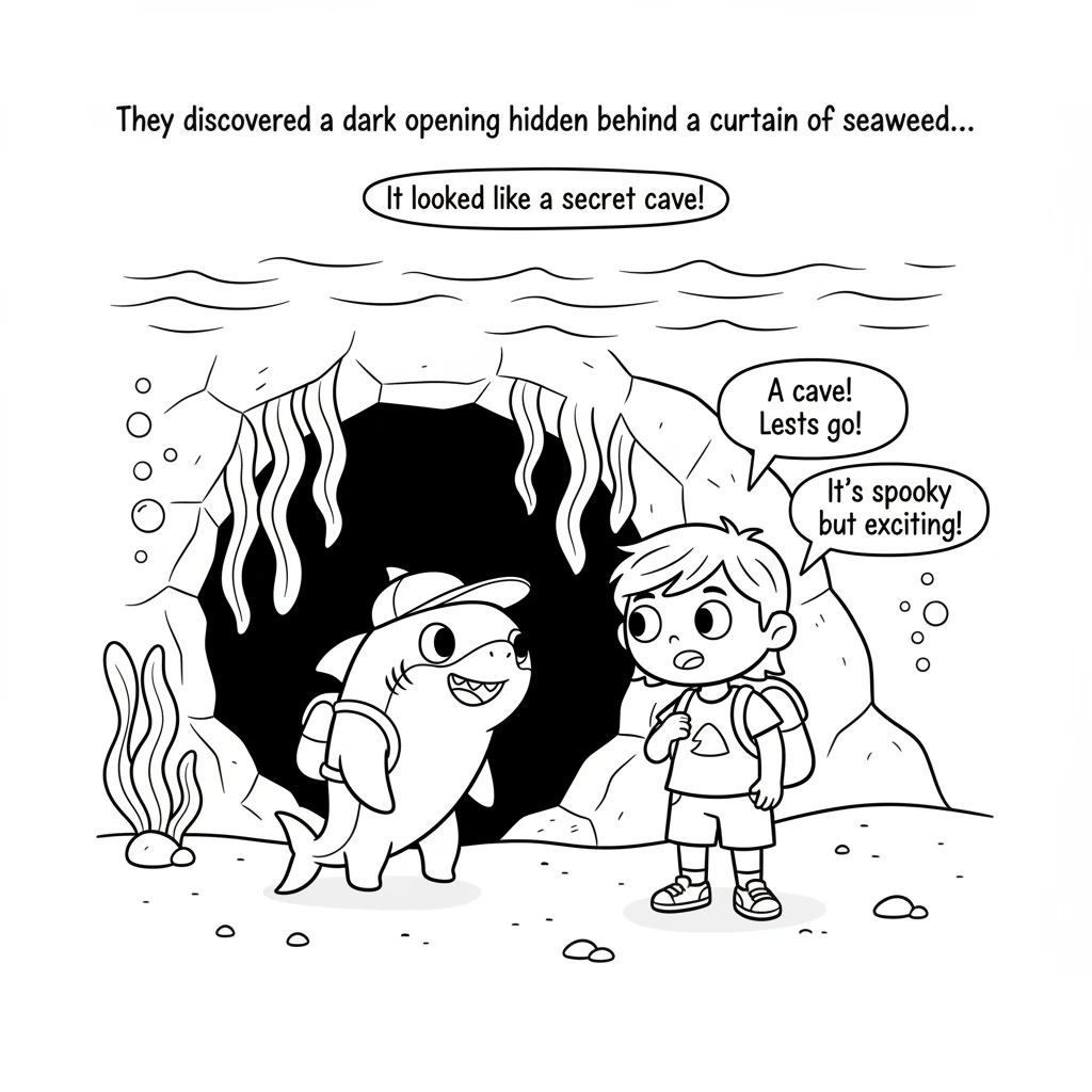 While playing, they discovered a dark opening hidden behind a curtain of seaweed. It looked like a secret cave. Finley and Pip looked at each other, t