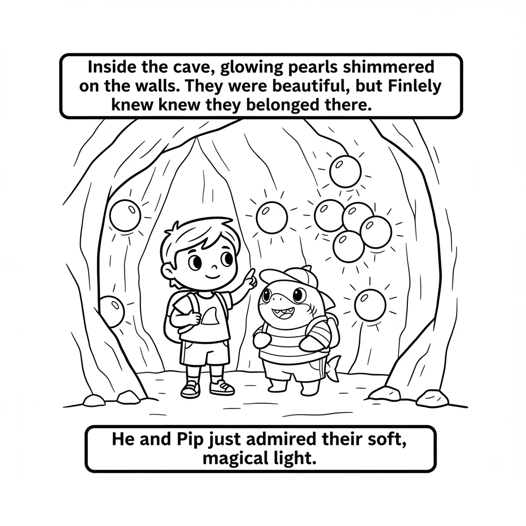 Inside the cave, glowing pearls shimmered on the walls. They were beautiful, but Finley knew they belonged there. He and Pip just admired their soft,
