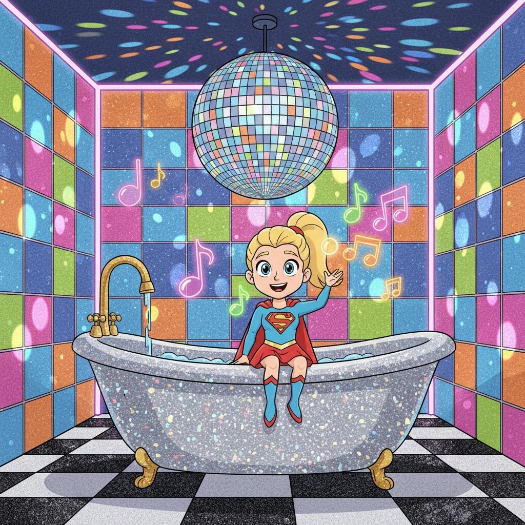Super Stella blinked awake, surrounded by a dazzling neon glow and the thumping beat of distant music. She found herself in a fantastical bathroom, shimmering with oversized glitter and vibrant, geometric tiles. A giant disco ball hung low, casting dancing lights everywhere, making the room feel like a playful, perplexing puzzle.
