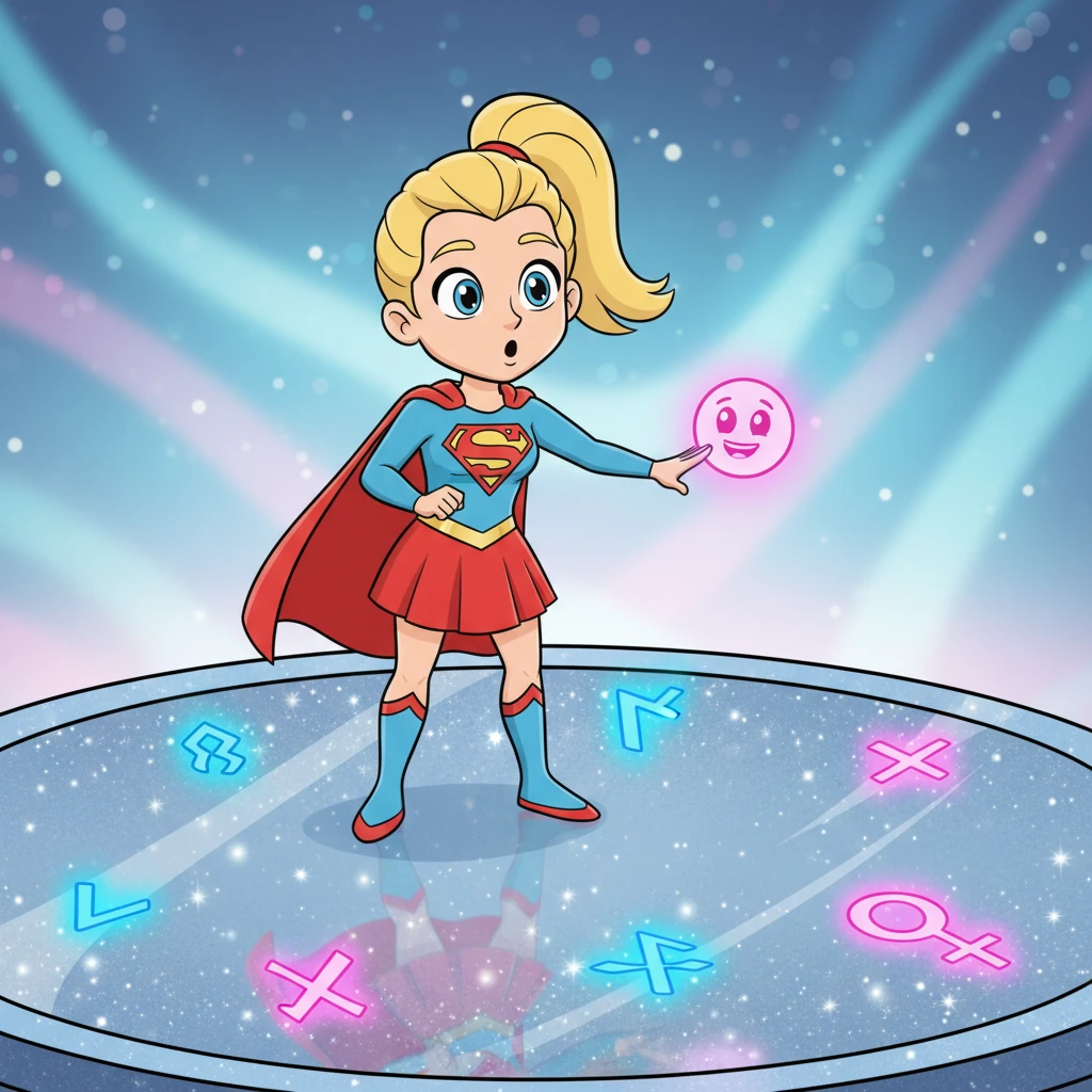 On a massive, sparkly mirror, strange symbols glowed in electric blue and hot pink. Stella tilted her head, her expressive eyes wide as she realized they were not just decorations but a coded message. A tiny, winking emoji on the mirror seemed to challenge her, inviting her to play.